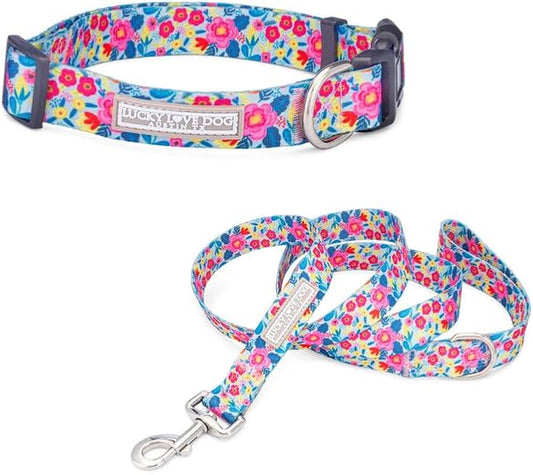 Lucky Love Dog - Adjustable Dog Collar and Leash Set with Easy Click Buckle for Medium Dogs, Durable, & Comfortable Collar for Male & Female Dogs, Puppies & Adult Ones- Valentina Combo, Medium