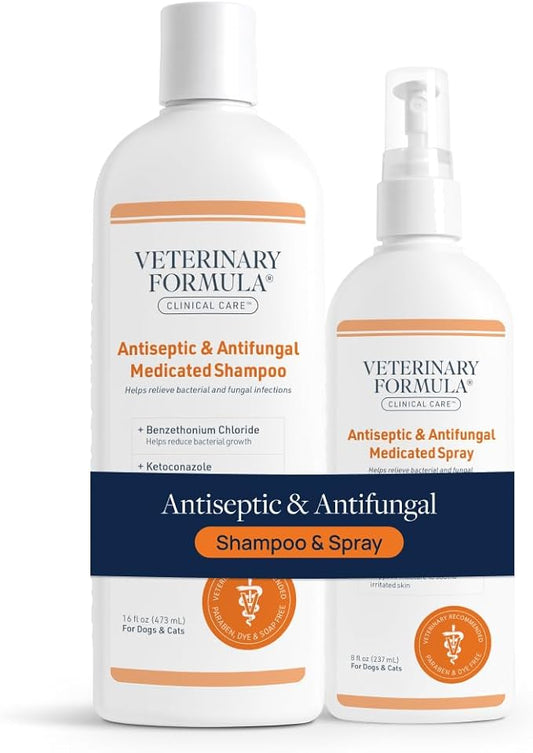 Veterinary Formula Clinical Care Antiseptic & Antifungal Medicated Shampoo and Spray for Dogs and Cats - Helps Alleviate Scaly, Greasy, or Red Skin - Paraben, Dye, and Soap Free, 2 Pack Bundle