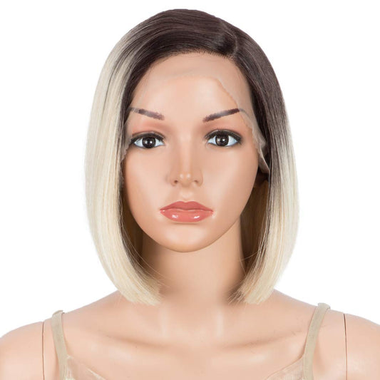 D  But Short Bob Lace Front Wig Synthetic Ombre Black Blonde 2 Tones Color Side Part Wigs For Daily Use Cosplay Party High Tempe