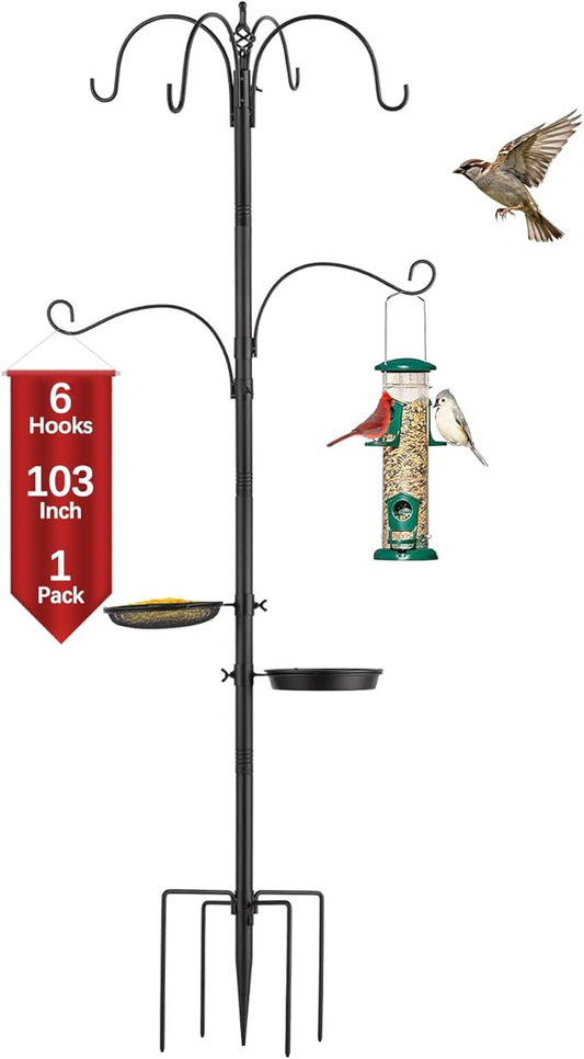 Camii 103 in Bird Feeding Station Kit, 6-Hook Wild Bird Feeder Stand Pole, Steel Multi-Feeder Pole with 5-Prong Base, Mesh Tray, Bird Bath for Attracting Wild Birds