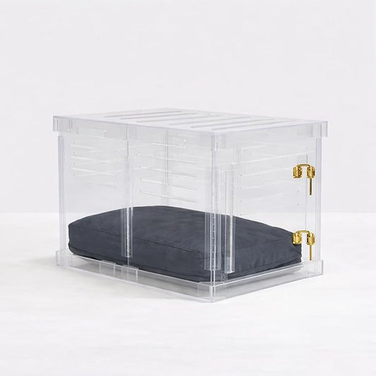 Clear Acrylic Small Dog Crate Furniture with Charcoal Cushion for Small Dogs up to 22 lbs, 3 in 1 Pet Crate and Gate, Modern Furniture Style Indoor Kennel, Dual Gold Latch, 16 x 24 x 18 in