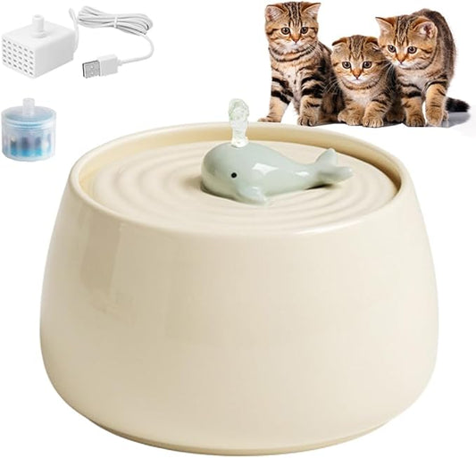 Ceramic Cat Water Fountain, 45oz/1.3L Ultra-Silent Automatic Pet Drinking Water Dispenser for Cats Indoor with Cute Design, Activated Carbon Filter, Perfect for Cats and Small Dogs (White)