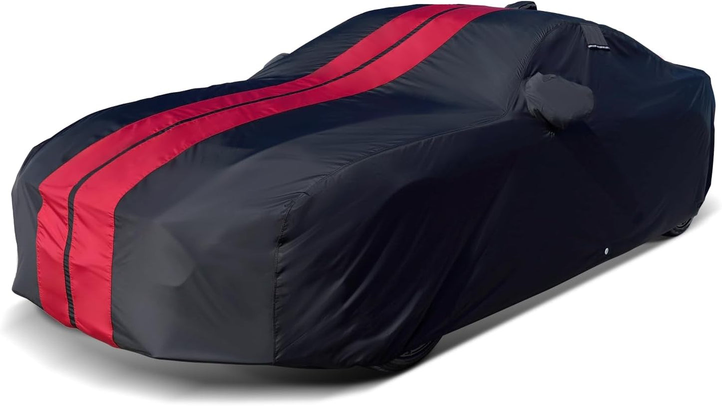 iCarCover Custom Car Cover for Pontiac Bonneville (1987-2005) Waterproof All-Weather Rain Snow UV Sun Protector Full Exterior Indoor Outdoor Car Cover (Stripe - Black/Red)