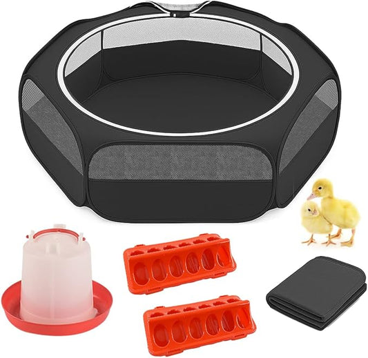 Amakunft 5 in 1 Chick Brooder Box Small Animals Chicken Playpen with Pad Mat, Chick Waterer and Feeder Pop Up Playpen Tent Chicks Coop Indoor/Outdoor for Baby Chicken/Duck