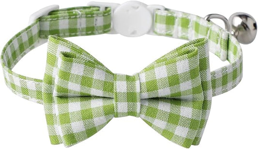 AIITLE Breakaway Cat Collar with Cute Bow Tie and Bell, Detachable Adjustable Safety Collars for Girl Cats and Boy Cats, Kittens, Puppy, Soft Stylish Plaid Patterns Cat Collars,Green