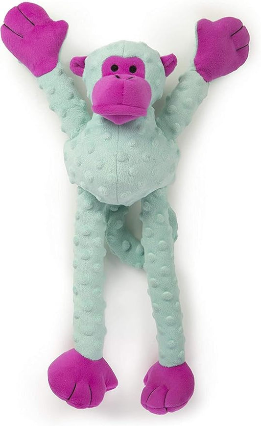 goDog Crazy Tugs Monkey Squeaky Plush Tug Dog Toy, Chew Guard Technology - Turquoise, Large