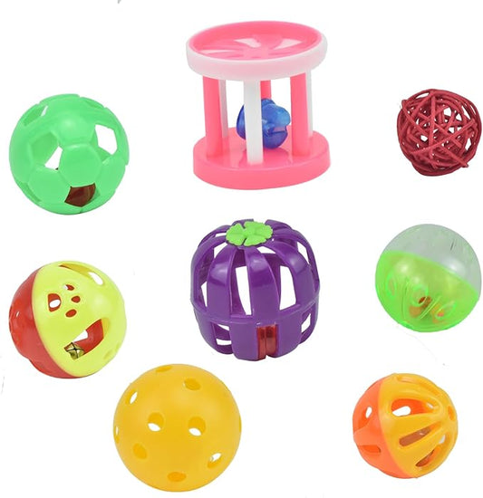 8pcs Bird Cat Ball Toys with Bell Colorful Parakeets Foot Talon Training Set Conures Feeder Toys Cockatiel Chewing Rattle Balls Parrot Cage Activity Toy for Budgie Playgym Birdcage