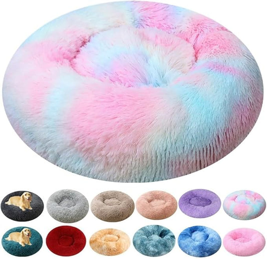 Calming Large Dog Bed & Cat Bed, 43 Inch Anti-Anxiety Donut Dog Cuddler Cat Bed, Warming Cozy Soft Dog Round Bed, Fluffy Faux Fur Machine Washable Pet Cushion for Medium Dogs & Cats (Multi Color)
