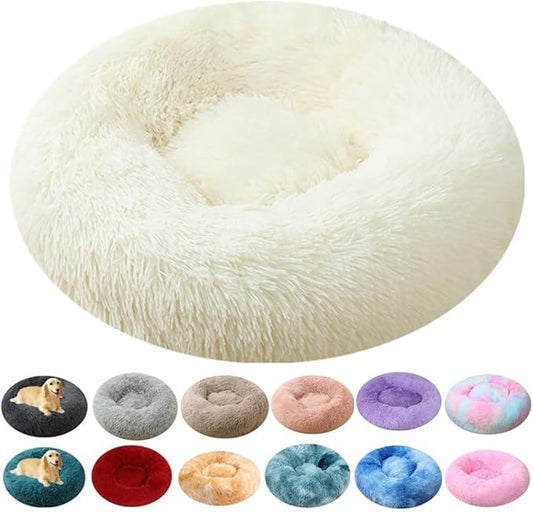 Calming Small Dog Bed & Cat Bed, 16 Inch Donut Fluffy Anti-Anxiety Round Bed Washable Cute Bed, Cuddler Warming Cozy Soft Bed, Plush Cushion Bed for Small Medium Dogs and Cats (White)