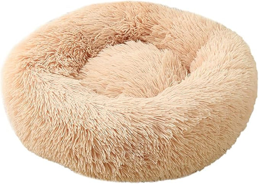 Calming Faux Fur Dog Beds Calming Donut Cuddler Dog Bed Washable Round Cat Bed Pillow Cuddler Fluffy Indoor Dog Calming Beds with Anti Slip Bottom Solid Color Champagne 21 Inch
