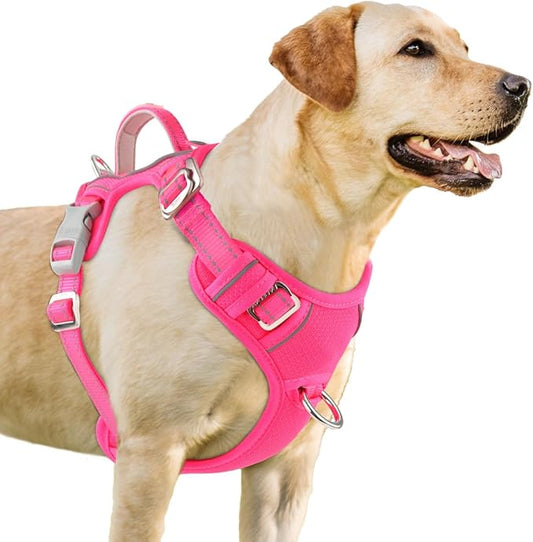 BARKBAY No Pull Dog Harness 3 Buckles Large Reflective Dog Harness with Front Clip and Easy Control Handle for Walking Training Running with ID tag Pocket(Pink,XL)