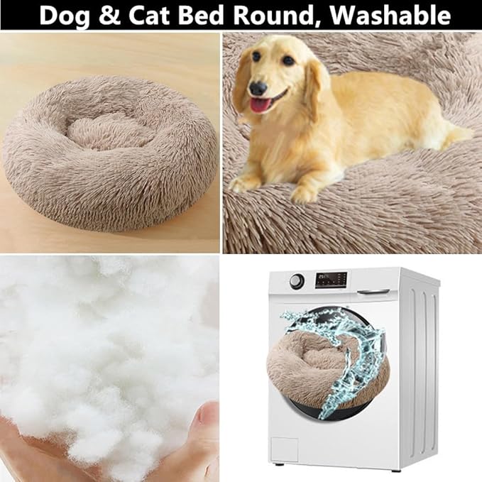 Calming Dog & Cat Bed, 24 Inch Anti-Anxiety Donut Cuddler Cat Bed with Anti-Slip Bottom, Washable Round Fluffy Pet Bed for Small Medium Dogs and Cats (Coffee)