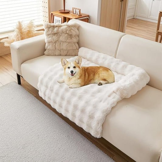 Calming Dog Bed Mat, Fluffy Fuzzy Couch Cover for Sofa, Winter Thickened Pet Mat with Anti-Slip Bottom Warm Soft Cushion Washable Pet Bed for Small Dogs and Cats (White, 90x90cm/35.4x35.4in)