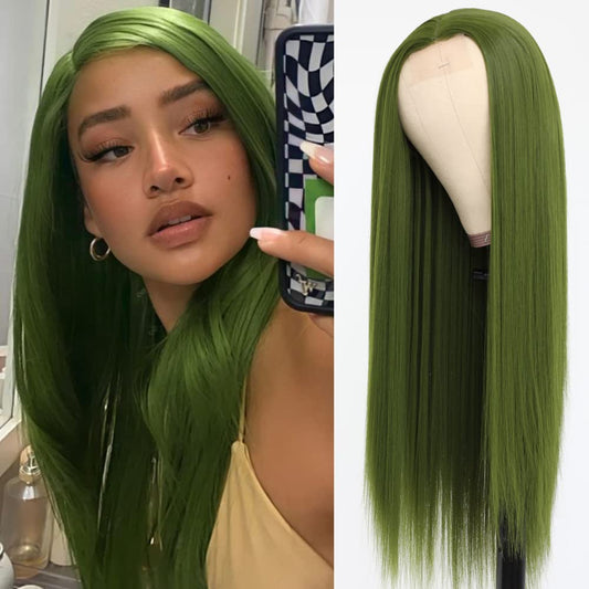 Qd-Tizer Green Hair Color Synthetic Hair No Lace Wigs For Fashion Women Olive Green Long Straight Hair Wig Heat Resistant Fiber