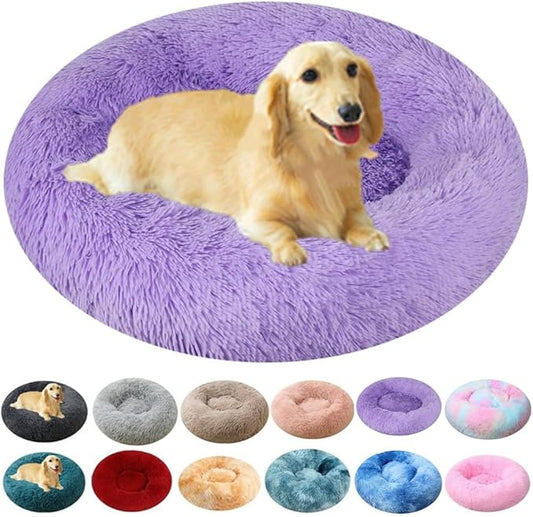 Calming Small Dog Bed Cat Bed, 47 Inch Donut Fluffy Anti-Anxiety Round Bed Washable Cute Bed, Cuddler Warming Cozy Soft Bed, Plush Cushion Bed for Small Medium Dogs and Cats (Purple)