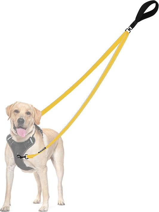 PetBonus Two Point Control Dog Leash, Works with No Pull Harnesses, No Tangle Training Leashes, Soft Padded and Reflective Walking Lead, Converts to Single Lead for Medium Large Dogs (Yellow)
