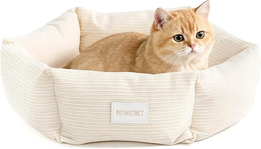 Cat Bed, Washable Orthopedic Cat Beds for Indoor Cats, Soft Donut Calming Pet Bed for Puppy and Kitten with Anti Slip Bottom, Small Dog Bed, 21.7x21.7x5.9 in, Cream White