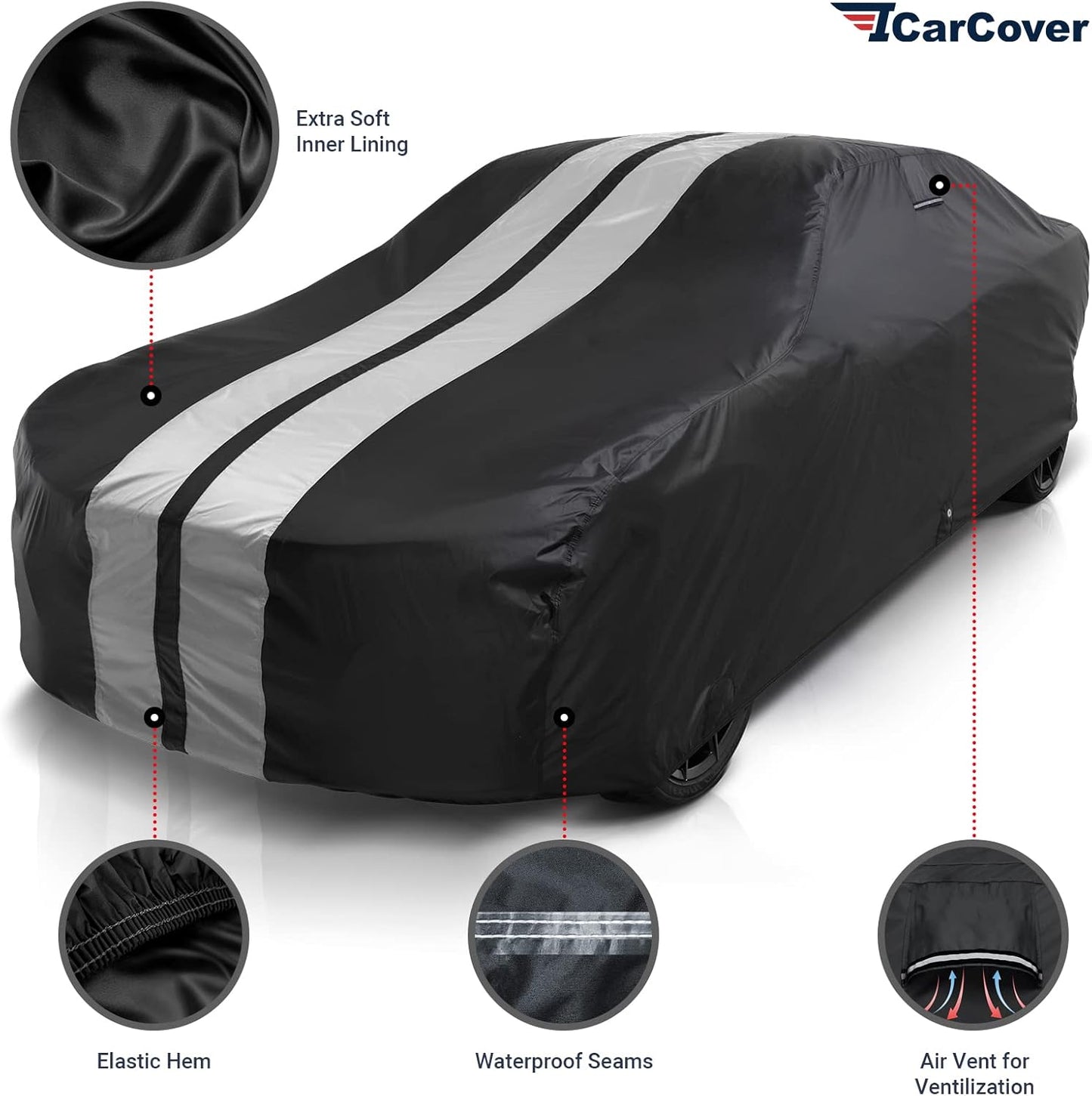 iCarCover Custom Car Cover for 1979-2004 Ford Mustang LX, GT Waterproof All Weather Rain Snow UV Sun Protector Full Exterior Indoor Outdoor Car Cover (Stripe - Black/Gray)