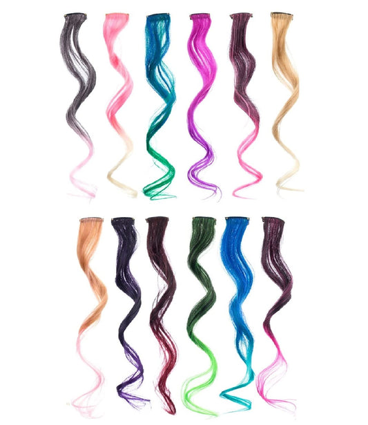 Swacc 12 Pcs Curly Wavy One Color Party Highlights Clip On In Hair Extensions Colored Hair Streak Synthetic Hairpieces (Ombre 12