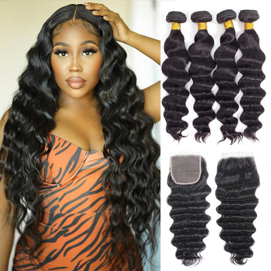 Bundles With Closure Human Hair Loose Deep Wave Bundles With Closure Pre Plucked With Baby Hair (20 22 24 26+18,Free Part) Brazi
