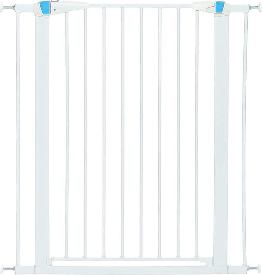 MidWest Homes for Pets 39 Inches Tall Walk-Though Steel Pet Gate, Pressure Mounted Dog Gate with Glow Strip Measures 29-38 Inches Wide & Includes Two 3-Inch-Wide Extensions, White
