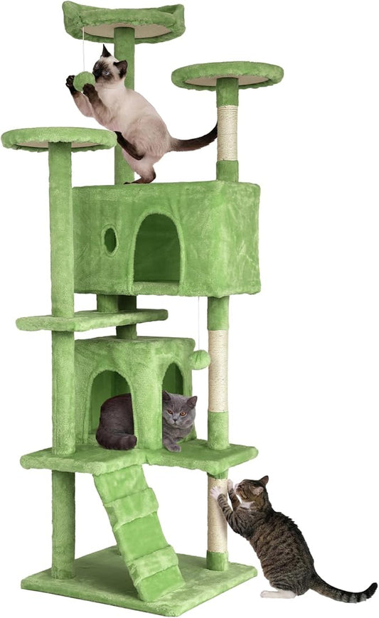 70in Cat Tree Cat Climbing Tower with Scratching Post, Cats House Perch Kitten Tree Condo Wood Playhouse, Pet Trees Tower for Indoor Cats, Green