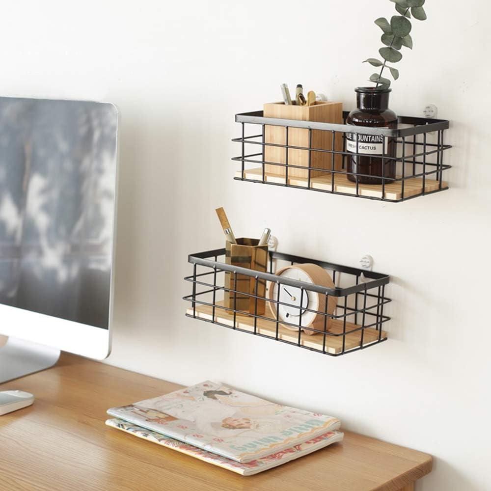 TIEYIPIN Small Metal Wire Storage Basket, Detachable Wood Base Storage Organizer Bin Basket for Kitchen Cabinets, Bathroom, Pantry, Garage, Laundry Room - Brown (4 Pack)