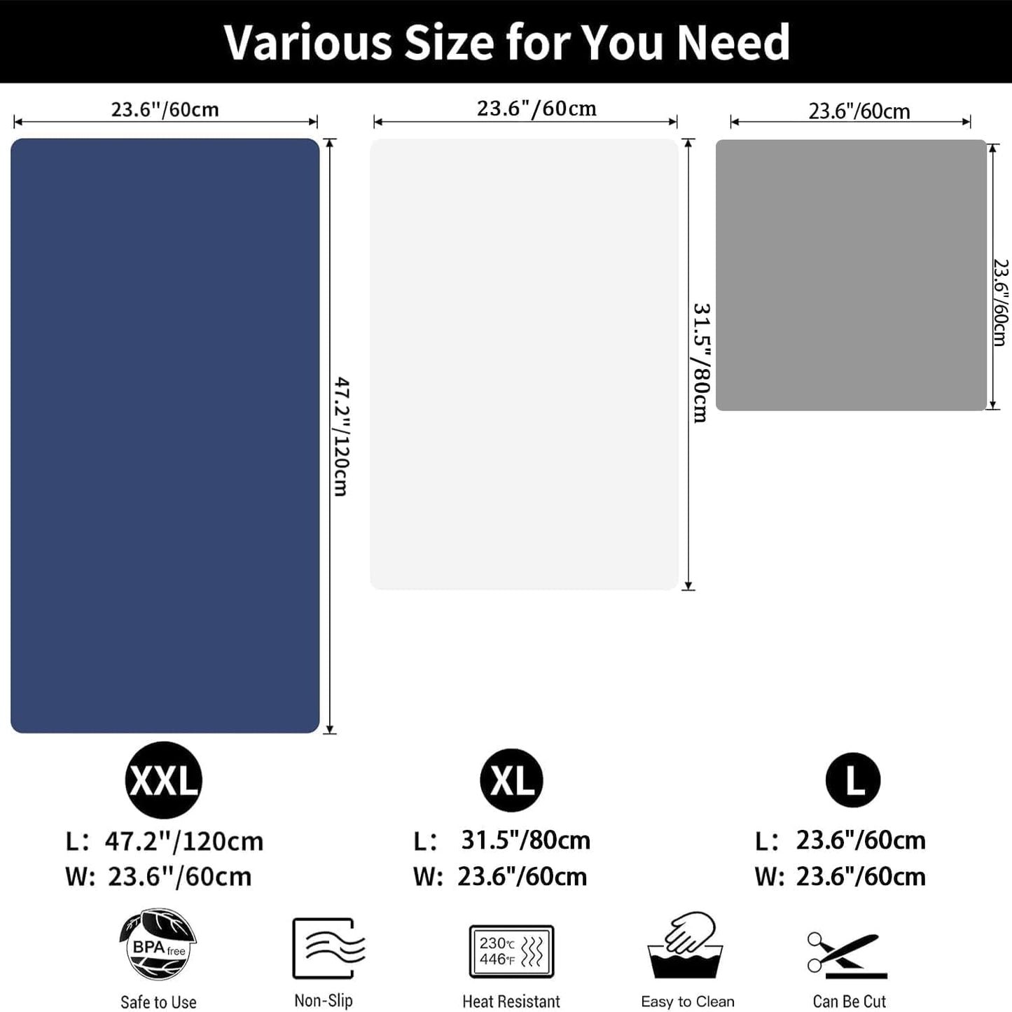 2MM Super Thick Large Silicone Mat, 31.5"x23.6"(80cmx60cm) Non-Slip Heat Resistant, Thicken Kitchen Counter Mats, Waterproof Countertop Protector for Craft (Deep Blue)