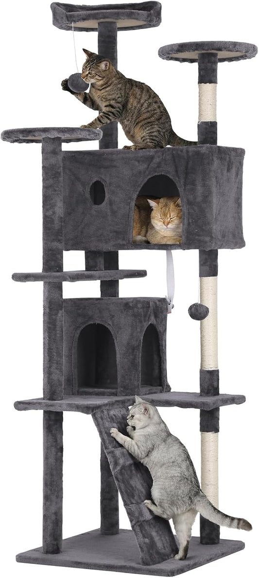 70in Cat Tree Cat Climbing Tower with Scratching Post, Cats House Perch Kitten Tree Condo Wood Playhouse, Pet Trees Tower for Indoor Cats, ASHY