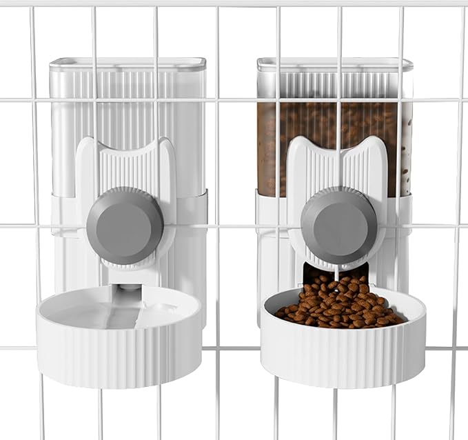Hanging Cage Automatic Small Pet Food Bowl Water Bottle Dispenser, 1L Auto Gravity Pet Feeder and Waterer Set Kennel Feeding Station Crate Feeder Dish for Rabbit Puppy Cats Ferret (Grey)