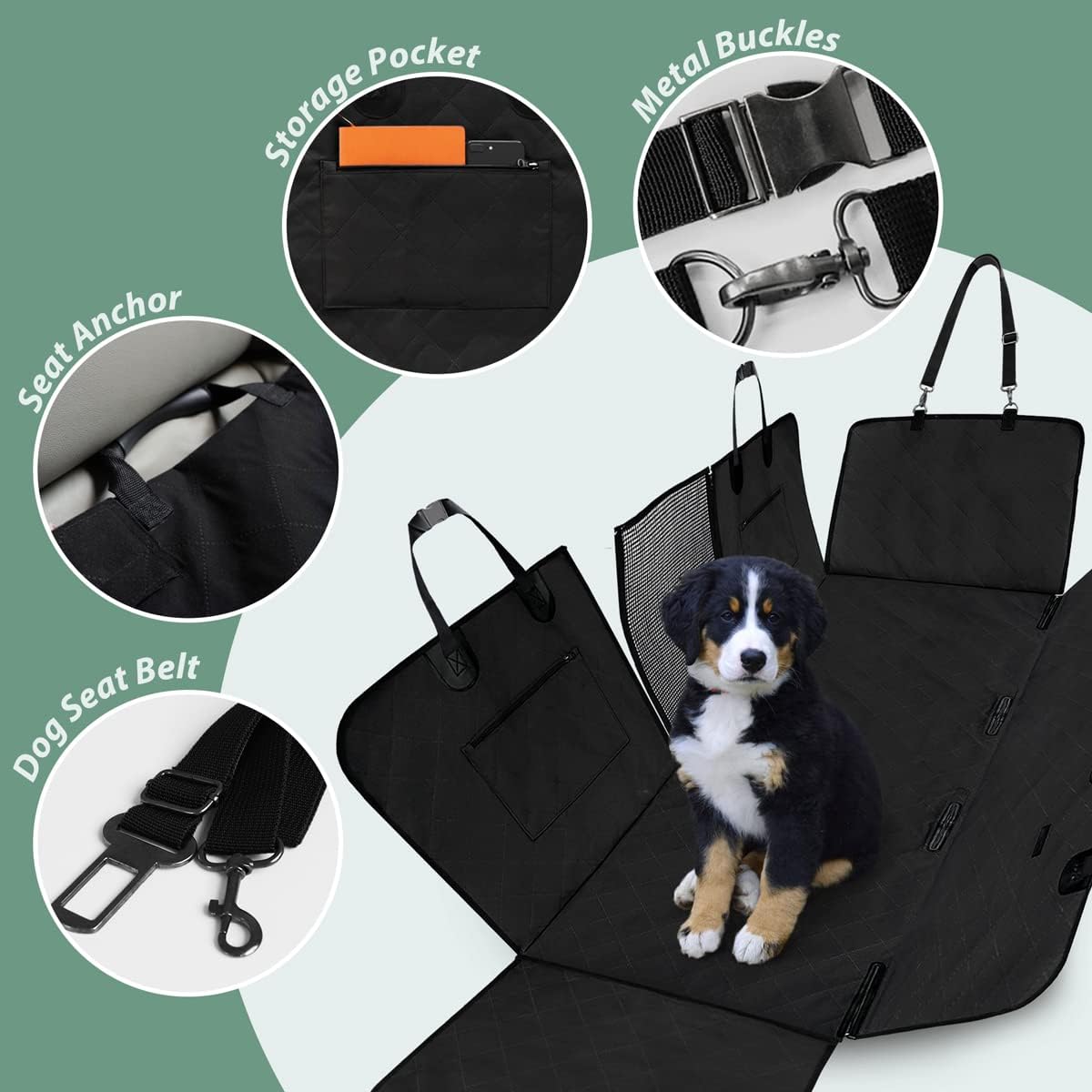 Dog Car Seat Cover for Back Seats 100% Waterproof with Metal Buckle Mesh Window Scratch Proof Heavy Duty Rear Backseat Protector Hammock for Pet, SUV Truck Vehicle Accessories, 54" x 58", Black