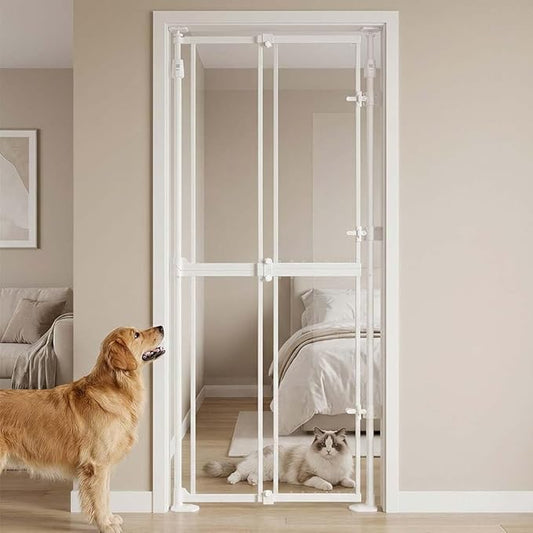 unipaws Transparent Cat Safety Gate, 75"-98" Height and 21"-34" Wdie Adjustable, Auto Closing and No Drilling, Extra Tall Cat Door for Doorway, Stairs