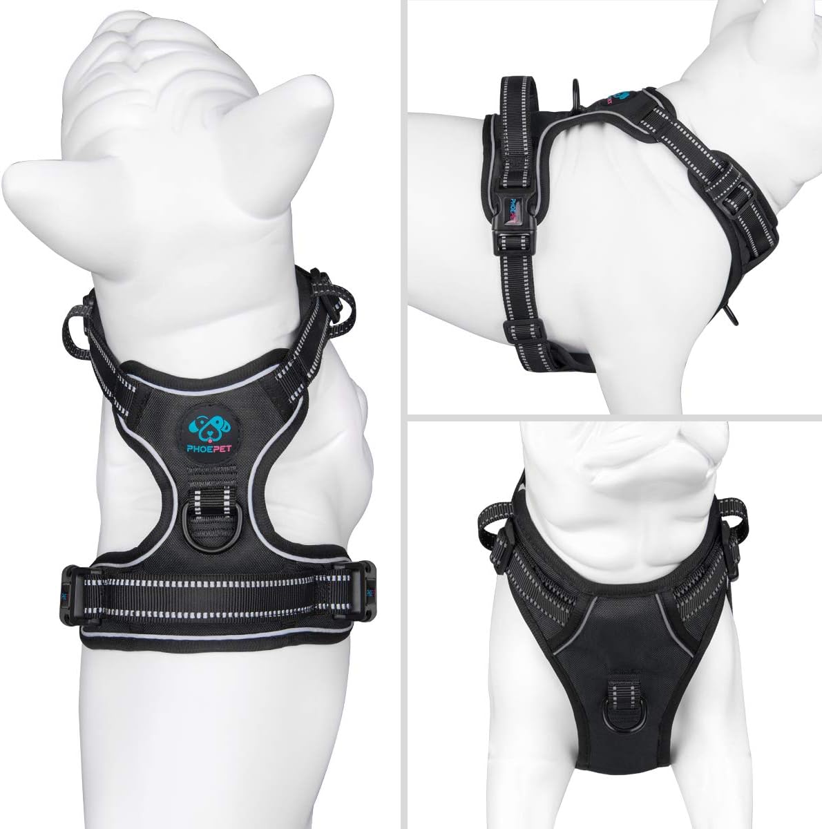 PHOEPET No Pull Dog Harnesses for Small Puppies Reflective Adjustable Front Clip Vest with 2 Metal Leash Attachment Hooks Soft Handle (S, Black)