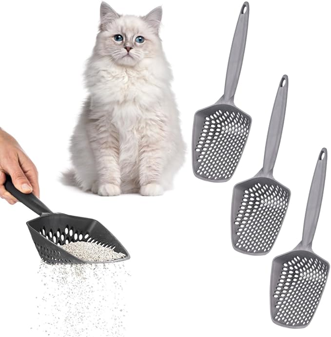 Set of 3 Cat Litter Scoop with Small Holes, Deep Sifting Shovel for Fine Litter, Reptile Terrarium Sand & Rabbit Pooper Lifter, Hanging Handle Poop Scooper (Gray, Set of 3)