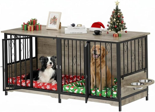 YITAHOME 71" Double Dog Crate Furniture with Divider, Wooden Large Dog Kennel with Flip-Top&4 Rotatable Bowls&2 Cushions, Dog Crate Furniture TV Stand for Medium Large Dogs, Grey