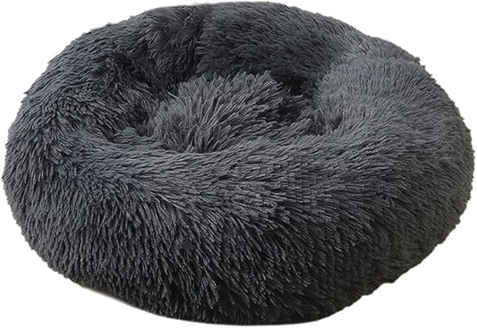 Calming Faux Fur Dog Beds Calming Donut Cuddler Dog Bed Washable Round Cat Bed Pillow Cuddler Fluffy Indoor Dog Calming Beds with Anti Slip Bottom Solid Color Dark Grey 43 Inch