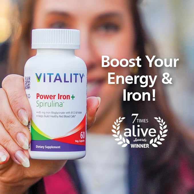 Vitality Power Iron + Spirulina | 45mg Iron | Blood Builder | Iron Deficiency Support | Vegan | All Natural Supplement | Gentle on Stomach | 30 Capsules