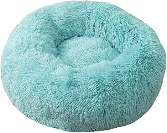 Calming Faux Fur Dog Beds Calming Donut Cuddler Dog Bed Washable Round Cat Bed Pillow Cuddler Fluffy Indoor Dog Calming Beds with Anti Slip Bottom Solid Color Lake Blue 35 Inch