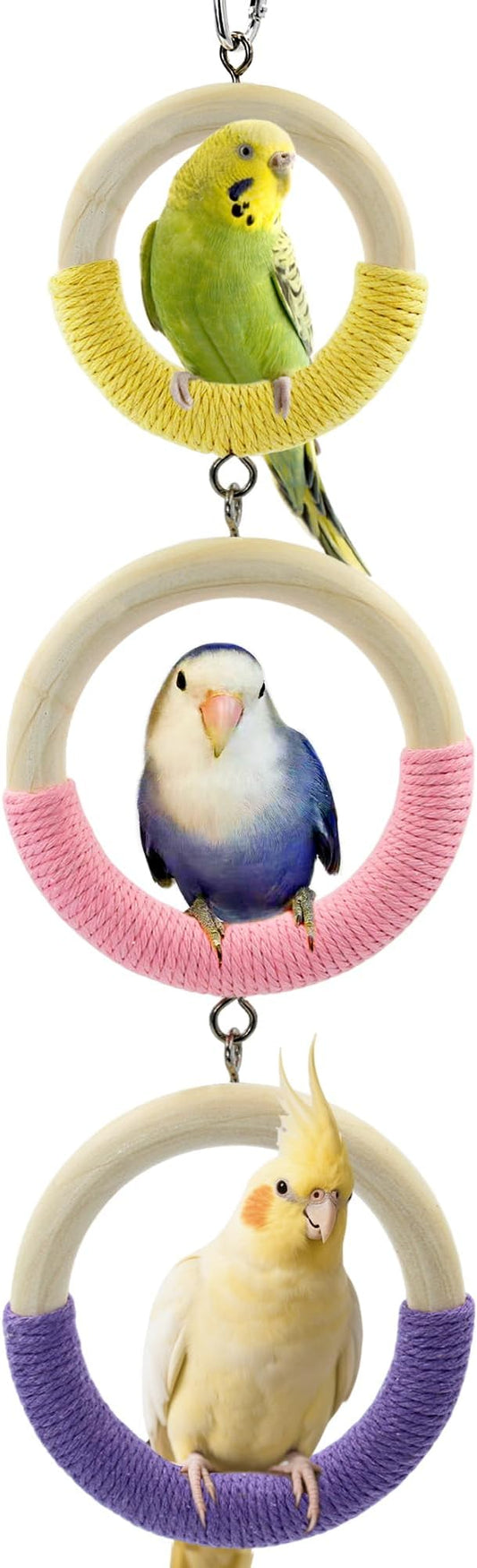 3-Ring Bird Swing Toy, Wrapped with Cotton Rope for Parrots Soft Grip, Thick Wood Parakeet Swing Perch for Cage, Hanging Climbing Bird Toys for 2-3 Parrots Budgies, Lovebirds, Cockatiels