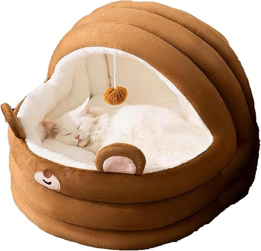 Cat Bed for Indoor Cats, Dog Bed with Anti-Slip Bottom, Rabbit-Shaped Cat/Small Dog Cave with Hanging Toy, Puppy Beds with Removable Cotton Pad, Super Soft Calming Pet Sofa Bed (Brown, Medium)