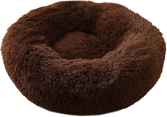 Calming Faux Fur Dog Beds Calming Donut Cuddler Dog Bed Washable Round Cat Bed Pillow Cuddler Fluffy Indoor Dog Calming Beds with Anti Slip Bottom Solid Color Coffee 16 Inch