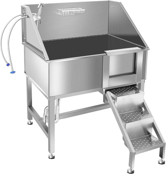 38" Dog Bathing Station, Professional Dog Washing Station Stainless Steel Dog Grooming Tub for Home,Equipped with Three Anti-Slip Steps, Removable Door, Pet Wash Station for Pet,R-RAMP