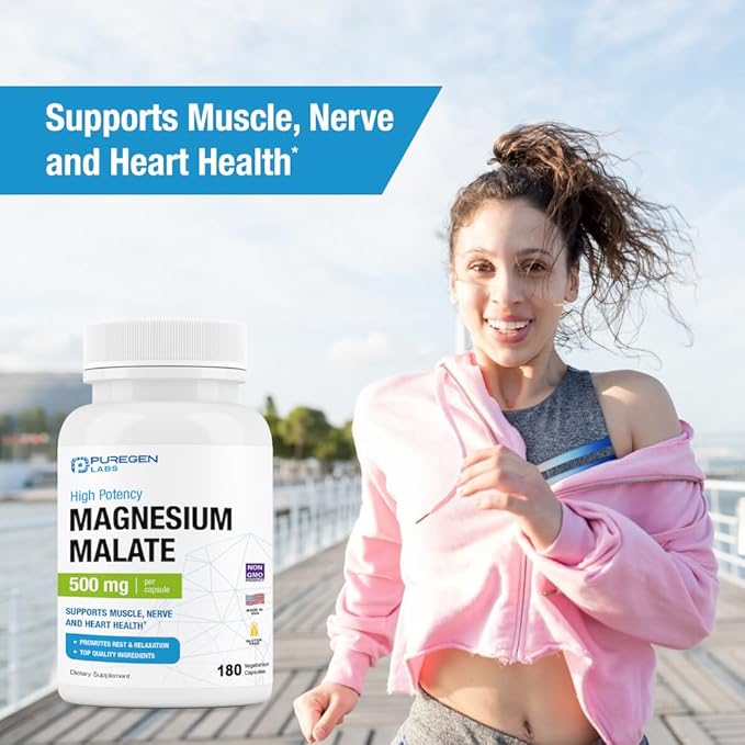 Puregen Labs Magnesium Malate 500mg | High Potency Elemental Magnesium | Total 360 Veggie Caps, Superior Absorption, Non-GMO, NO Gluten and Dairy, Supports Muscle, Joint, and Heart Health