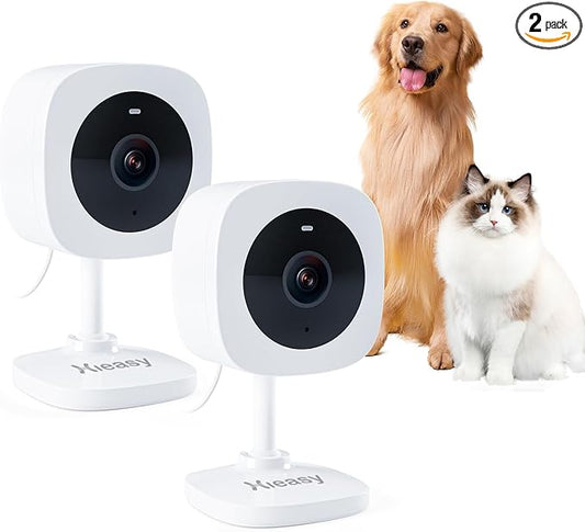 2K Home Indoor Pet Security Camera 2.4GHz with Night Vision, Dog/Cat 2-Way Audio, Wired, Motion Detection and Pet Monitor, Cloud & SD Card Storage, Phone App Control (White-2Pack)