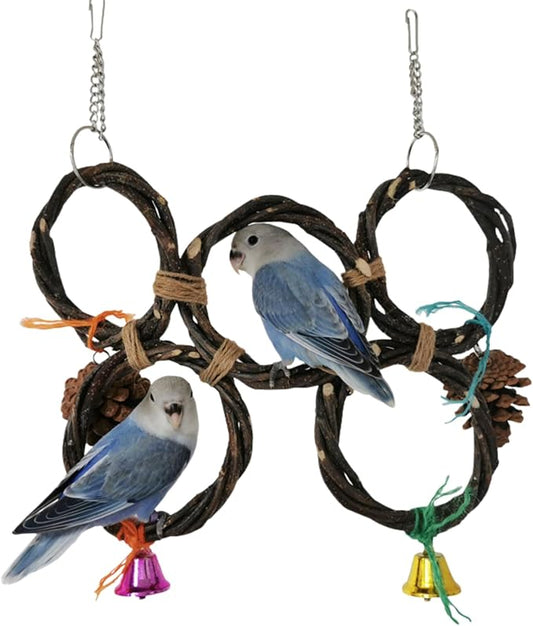 Circle Straw Bird Swing Stand Bird Perches Stand Hanging Chewing Toy for Parrots Bird Playground Cage Accessories Climbing Rope Net Ladders for Foraging Toys（Random Color） (5 Ring Double Row)