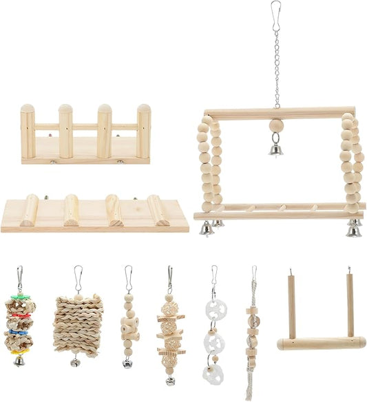 Cockatiel Toys, Bird Toys, Parrot Swing Toys with Climbing Ladder and Chewing Platform, Bird Cage Accessories for Budgerigar Conure Love Birds, 8 Pcs