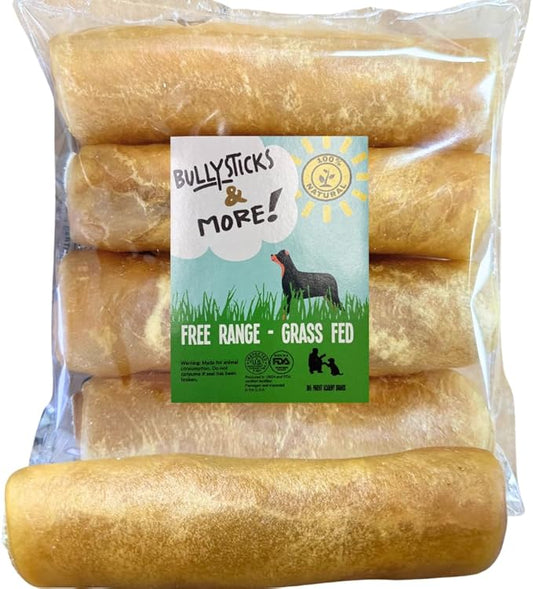 BULLYSTICKS & MORE 6 Inch Beef Collagen Rolls for Dogs (Extra Thick - 4 Count) - Bones for Dogs - Dog Parents Choice - No Hide Beef Cheek Rolls