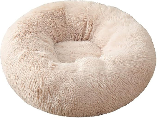 Calming Faux Fur Dog Beds Calming Donut Cuddler Dog Bed Washable Round Cat Bed Pillow Cuddler Fluffy Indoor Dog Calming Beds with Anti Slip Bottom Solid Color Beige 20 Inch
