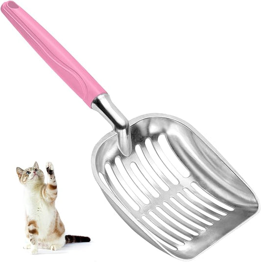 Cat Litter Scoop, Metal Cat Scooper, Plastic Handle Scoop, Sifting Shovel for Christmas – Heavy Duty Aluminum Alloy Litter Box Scoop with Deep Mesh, Design for Easy Waste Removal and Cleaning(Pink)
