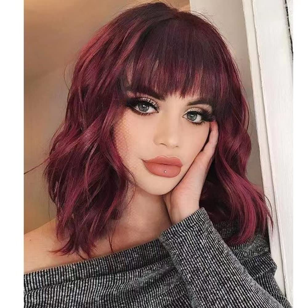 Noble Synthetic Ombre Burgundy Wig Short Wavy Wigs With Air Bangs Shoulder Length Wig For Women Curly Wavy Heat Resistant Synthe
